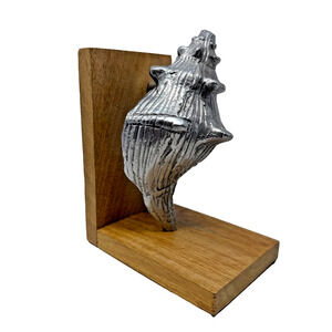 Vintage Cast Metal Shell Bookends Wood Base Made in India Nautical Decor